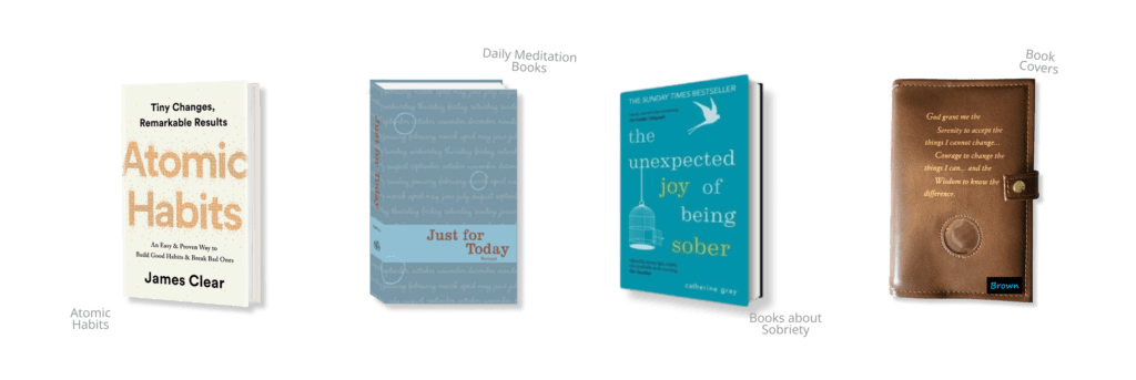 Books for sobriety, atomic habits book for recovery, AA big book cover